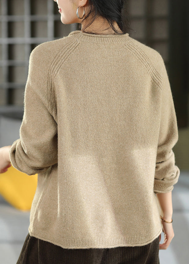 Women Brown O Neck Thick Warm Knit Sweater Tops Fall