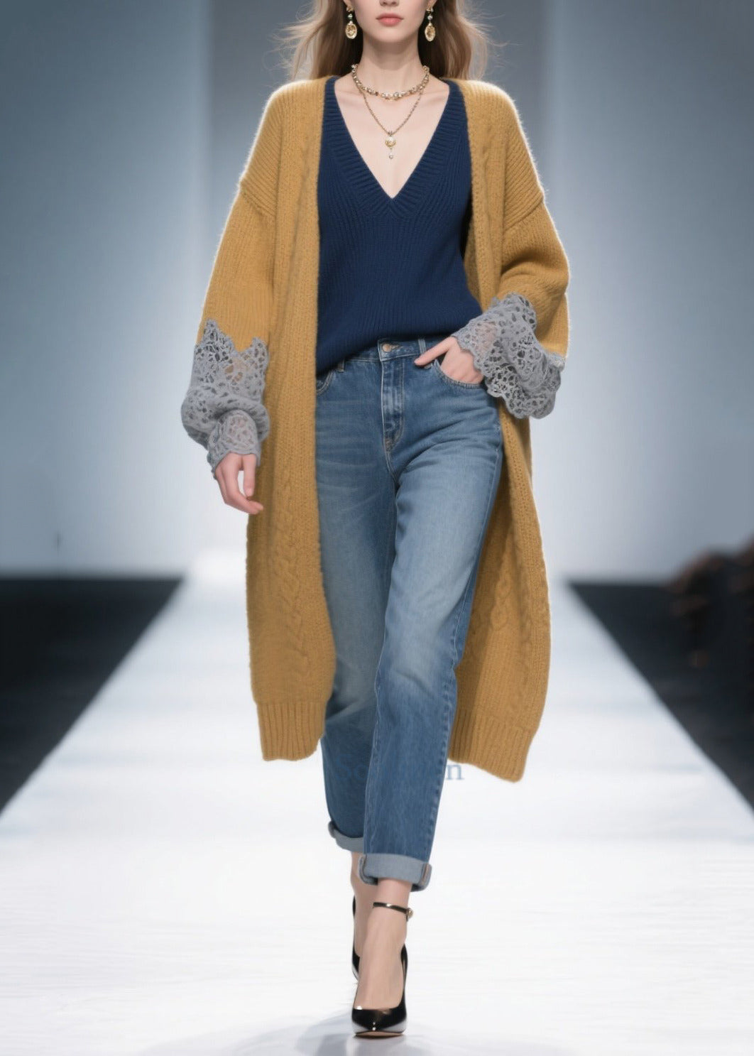 Women Brown Oversized Patchwork Lace Knit Long Cardigans Winter