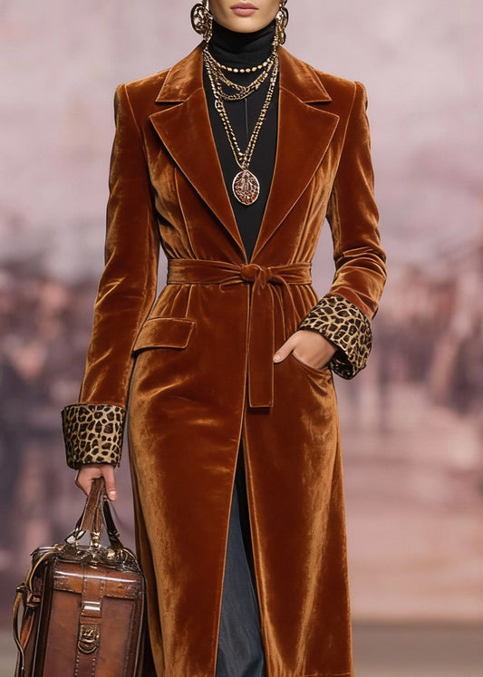 Women Brown Peter Pan Collar Lace Up Velvet Coat Spring