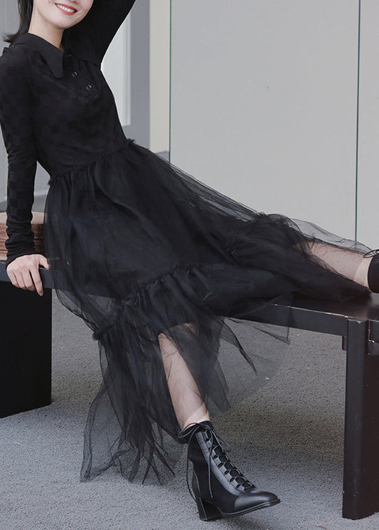 Women Brown Peter Pan Collar Tulle Patchwork Knit Dress Fall