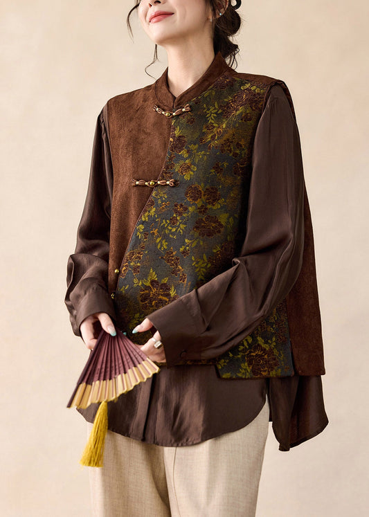 Women Brown Stand Collar Asymmetrical Patchwork Faux Suede Waistcoat Fall