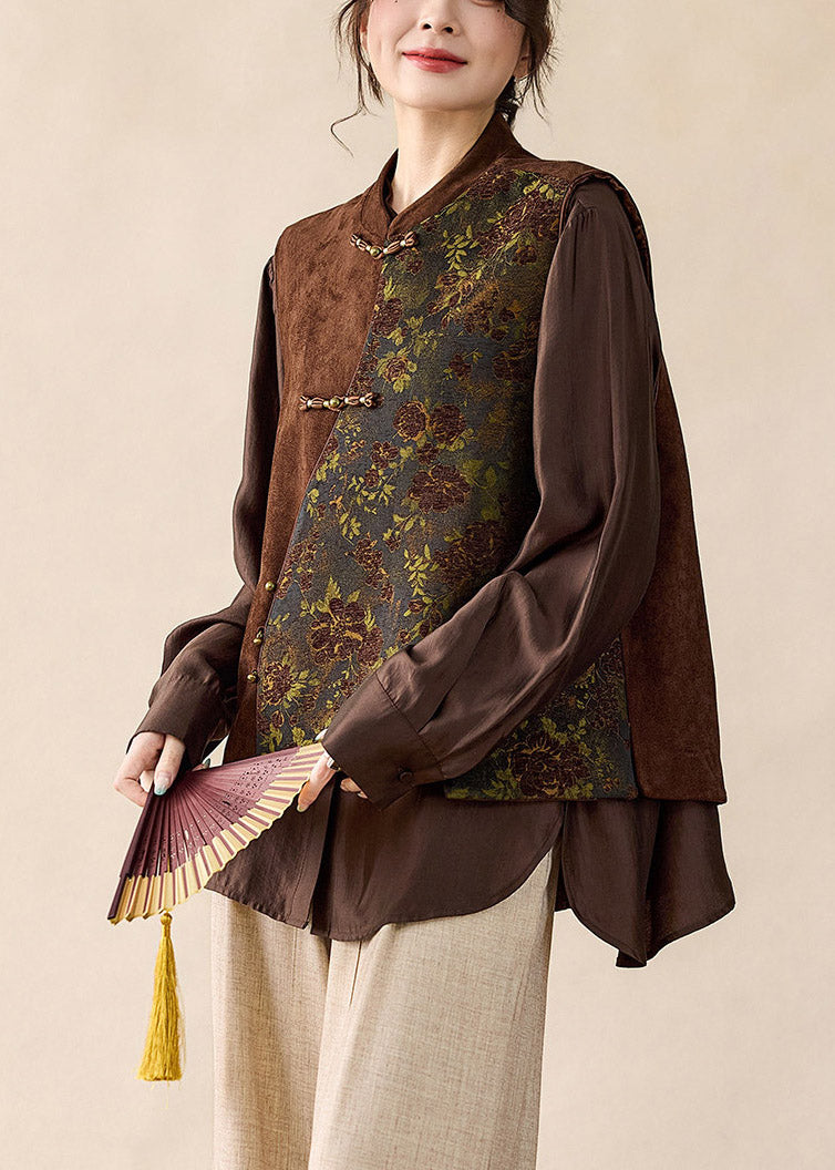 Women Brown Stand Collar Asymmetrical Patchwork Faux Suede Waistcoat Fall