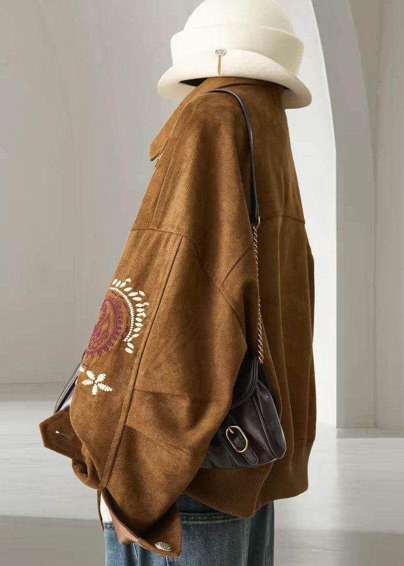 Women Brown Turn-Down Collar Embroidered Faux Suede Jackets Fall