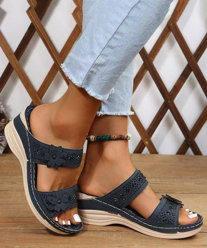 Women Brown Wedge Faux Leather Floral Splicing Slide Sandals