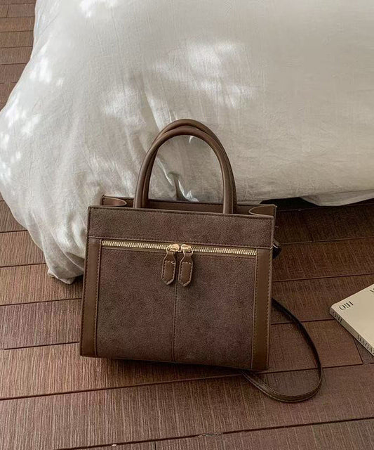Women Brown Zippered Patchwork Faux Leather Tote Handbag