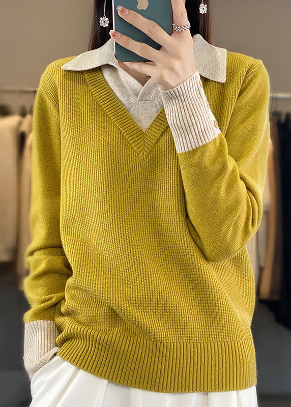Women Camel False Two Pieces Patchwork Knit Sweater Tops Spring