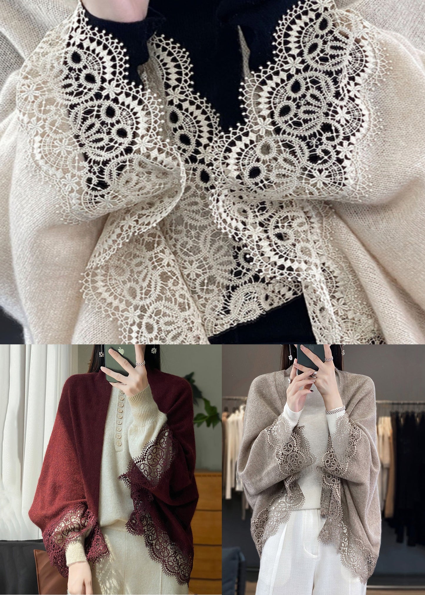 Women Camel V Neck Hollow Out Lace Woolen Cardigans Batwing Sleeve