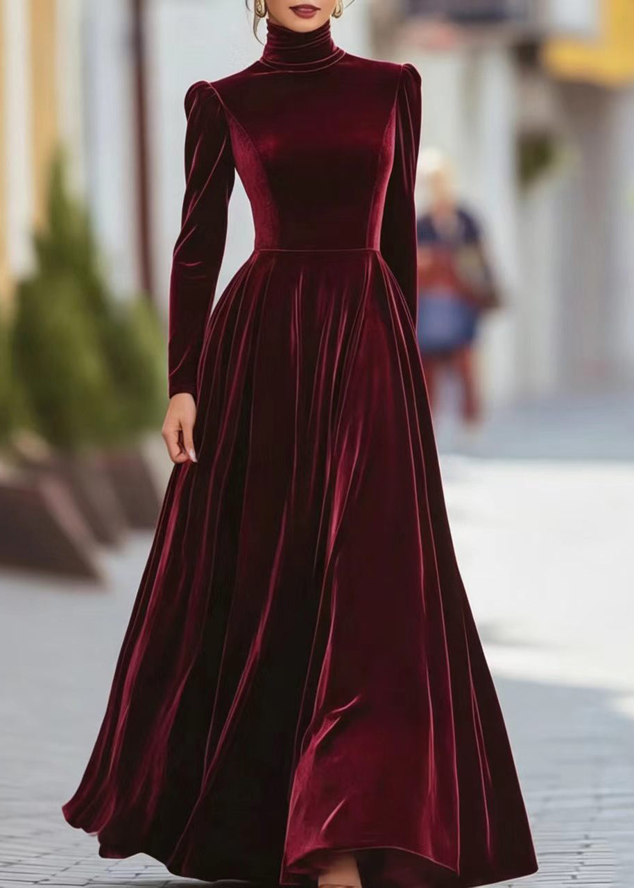 Women Caramel Hign Neck Exra Large Hem Long Dresses Puff Sleeve
