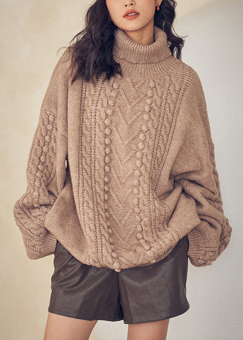 Women Caramel Turtleneck Cable Knit Sweaters Top Fall