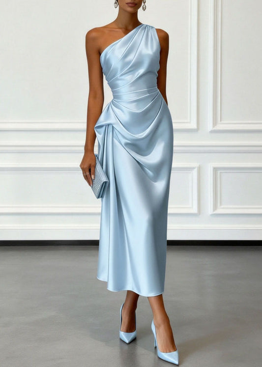Women Champagne One Shoulder Wrinkled Silk Dress Summer