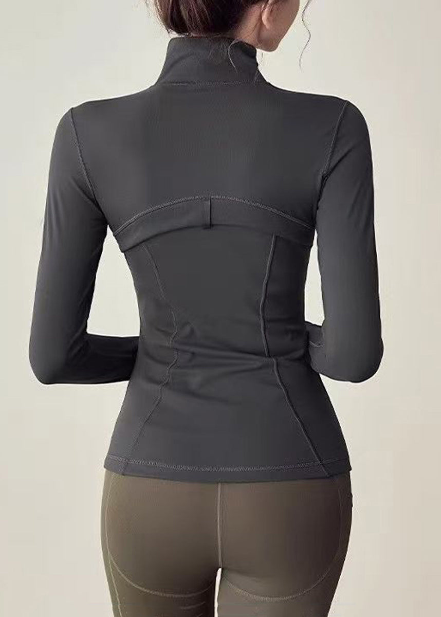 Women Charcoal Grey Stand Collar Zip Up High-Stretchy Long Sleeve Tennis Coats