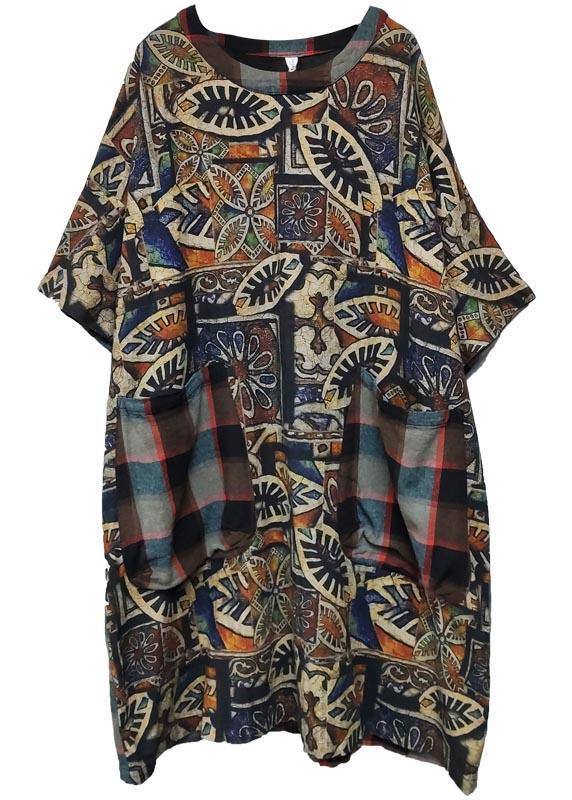 Women Chocolate Print Cotton Dress Patchwork Summer Dress - SooLinen