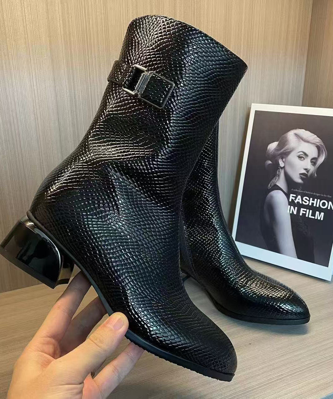 Women Chunky Boots Black Warm Fleece Faux Leather