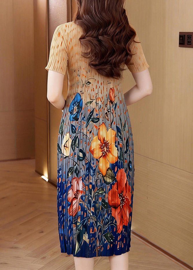 Women Classy O Neck Print Wrinkled Elasticity Dress Summer