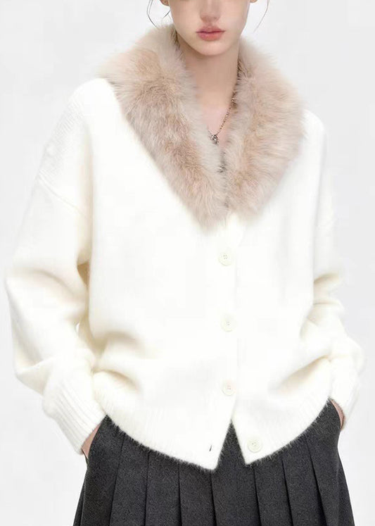 Women Coffee Fur Collar Button Patchwork Knit Coats Spring