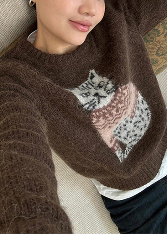 Women Coffee O Neck Cats Jacquard Knit Sweater Winter