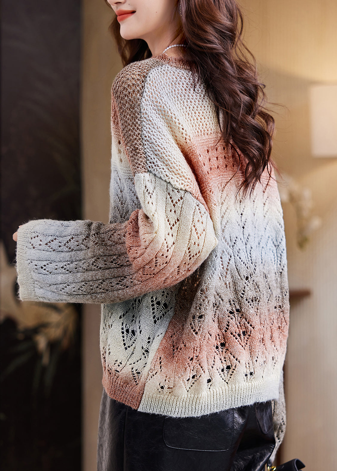 Women Coffee O-Neck Print Cotton Knit Sweater Spring