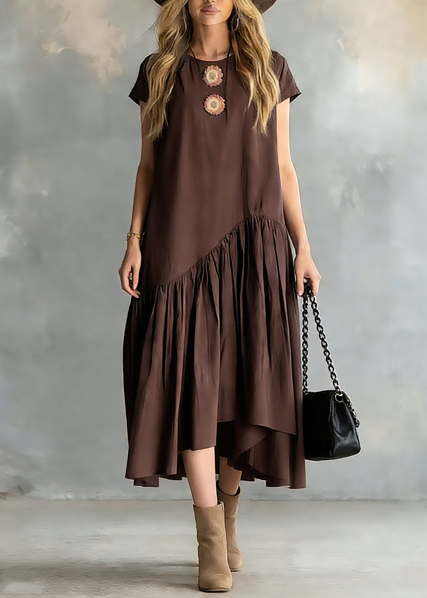 Women Coffee O-Neck Wrinkled Patchwork Long Dresses Short Sleeve