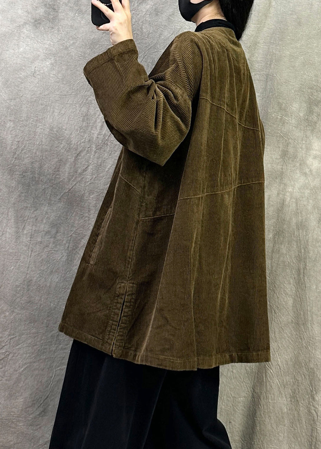 Women Coffee V Neck Pockets Button Patchwork Corduroy Coat Fall