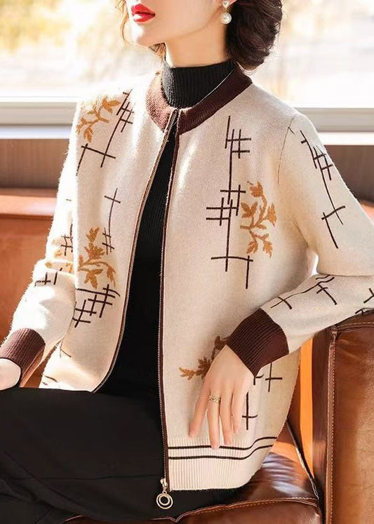 Women Coffee Zip Up Print Knit Coats Fall