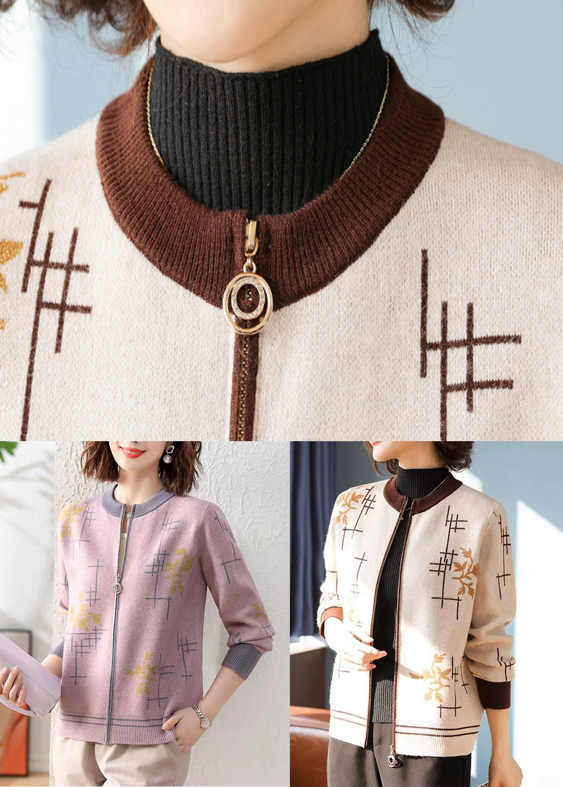 Women Coffee Zip Up Print Knit Coats Fall