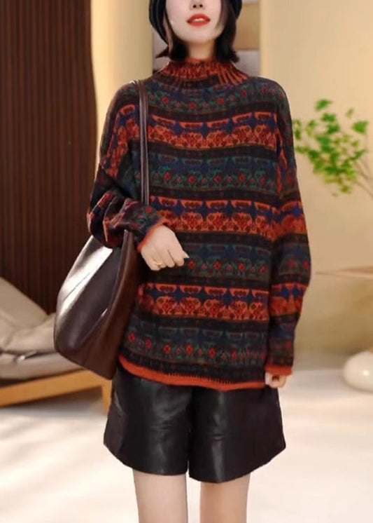 Women Colorblock Hign Neck Striped Knit Pullover Winter