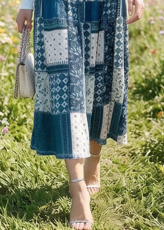 Women Colorblock Plaid Elastic Waist Cotton Skirt Summer