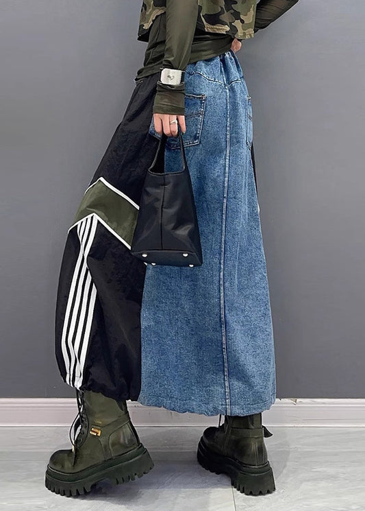 Women Colorblock Pockets Patchwork Drawstring Denim Skirt Summer