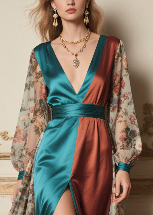 Women Colorblock Print Side Open Chiffon Maxi Dress Summer