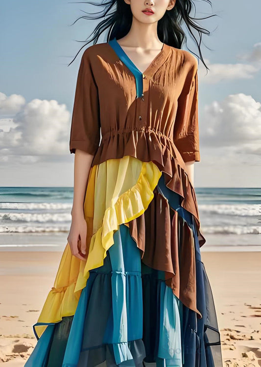 Women Colorblock Ruffled Chiffon Patchwork Cotton Dress Summer