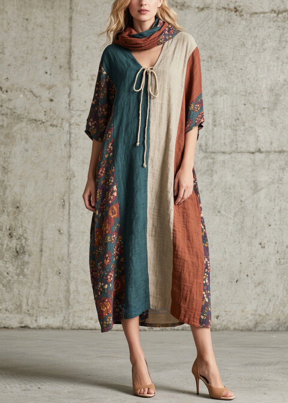 Women Colorblock V Neck Patchwork Cotton Long Dress Summer