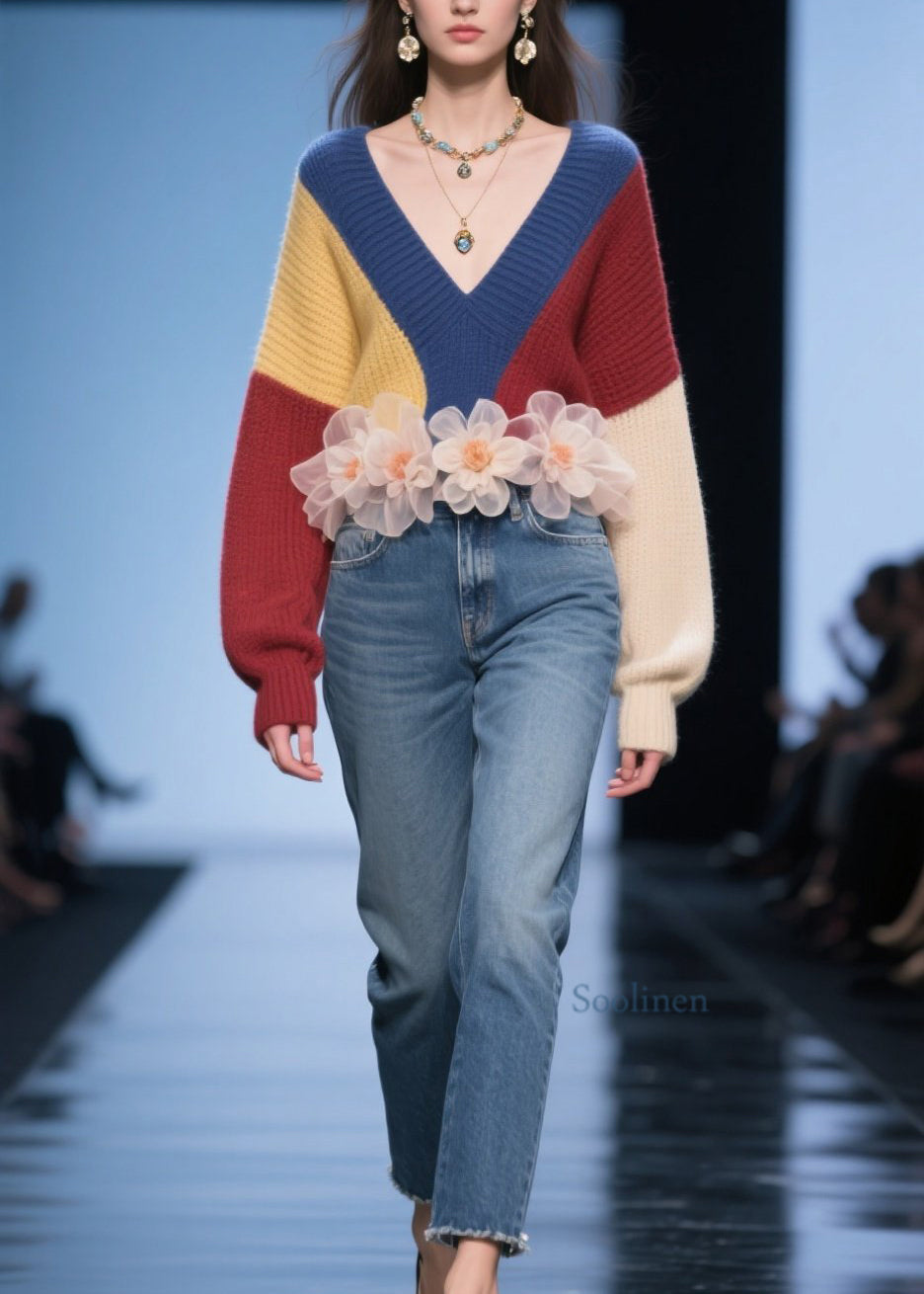 Women Colorblock V Neck Thick Knit Sweater Tops Fall