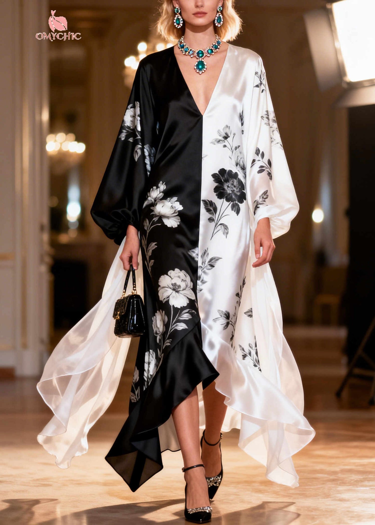 Women ColorblockC Asymmetrical Patchwork Print Silk Maxi Dresses Summer