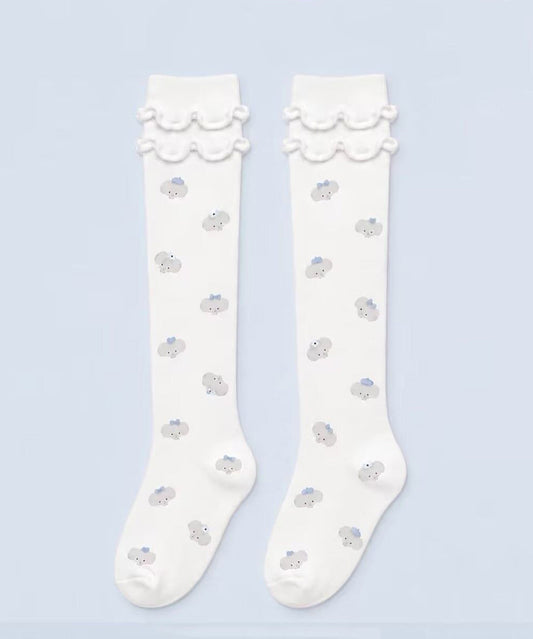 Women Cute Blue Ruffled Cartoon Over The Calf Socks
