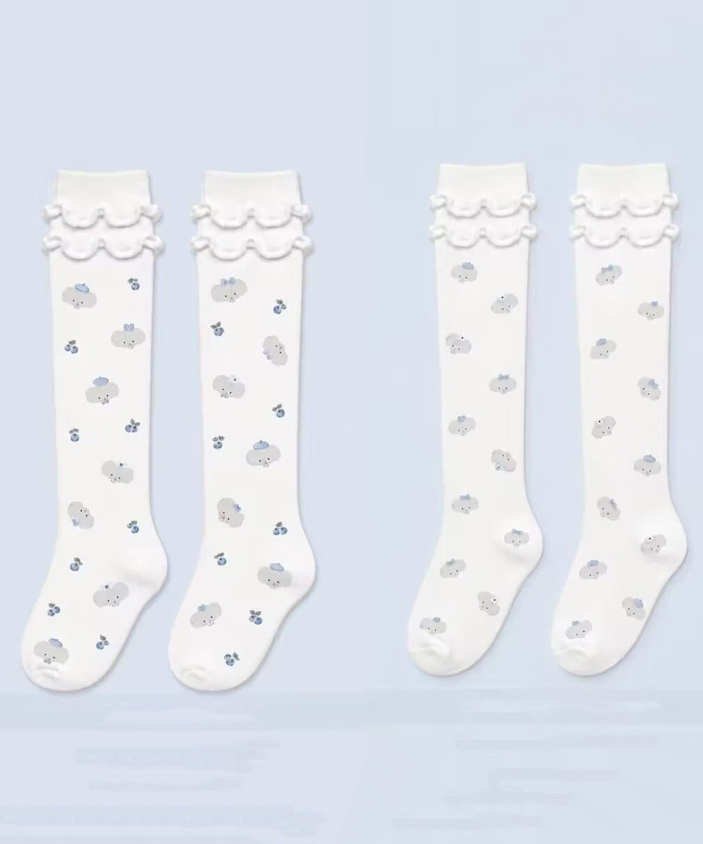 Women Cute Blue Ruffled Cartoon Over The Calf Socks