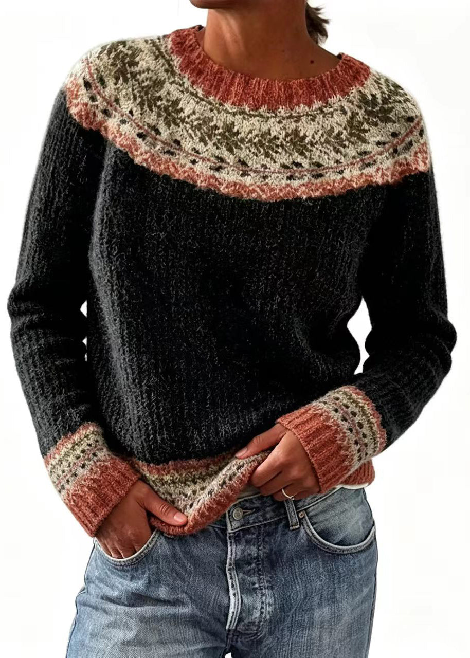 Women Dark Gray O-Neck Knit Sweater Fall