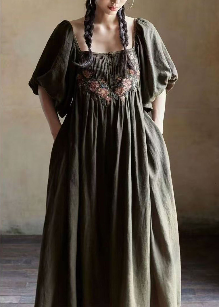 Women Dark Green Square Collar Embroidered Vacation Dresses Puff Sleeve