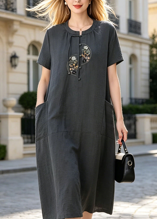Women Dark Grey Embroidered Pockets Cotton Dresses Summer