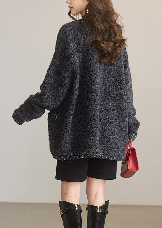 Women Dark Grey O Neck Sequins Woolen Cardigans Winter