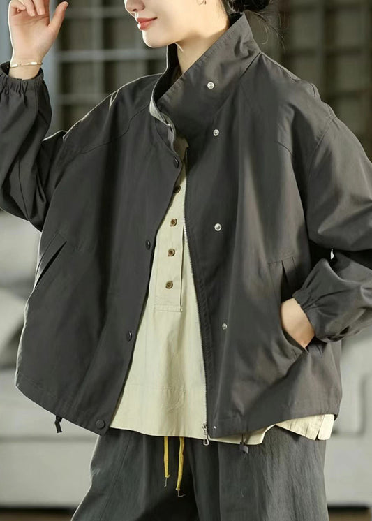 Women Dark Grey Oversized Pockets Cotton Trench Fall