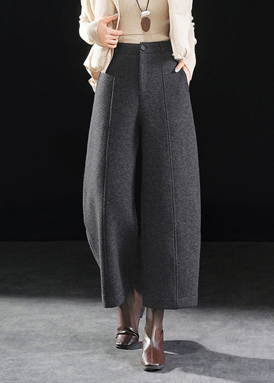 Women Dark Grey Pockets Woolen Straight Crop Pants Fall