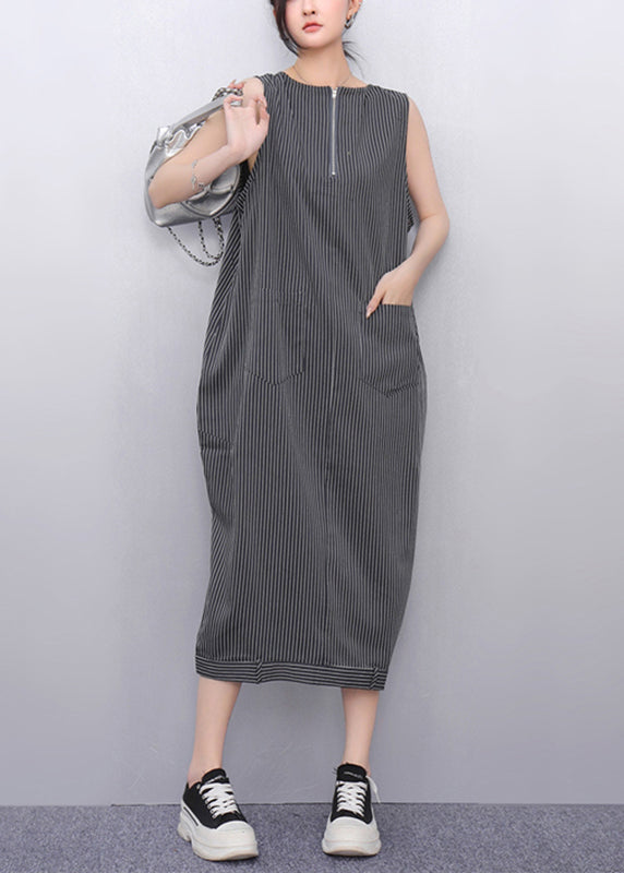 Women Dark Grey Striped Pockets Long Dresses Sleeveless