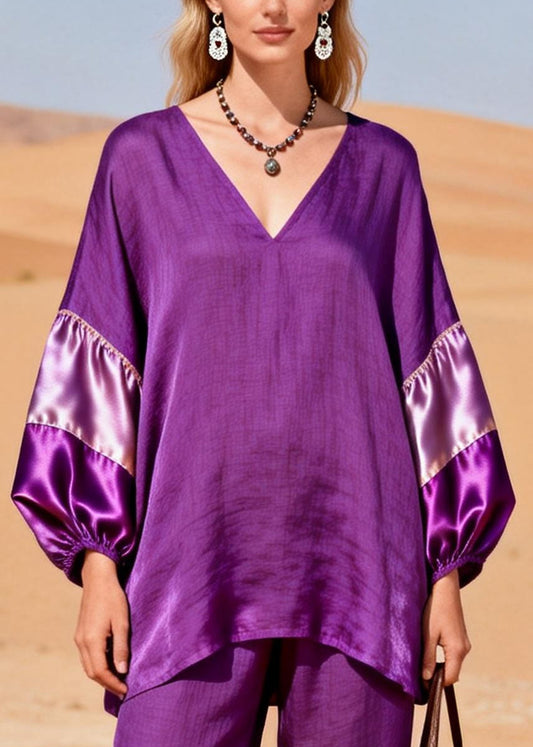 Women Dark Purple Oversized Patchwork Cotton Two Piece Set Spring