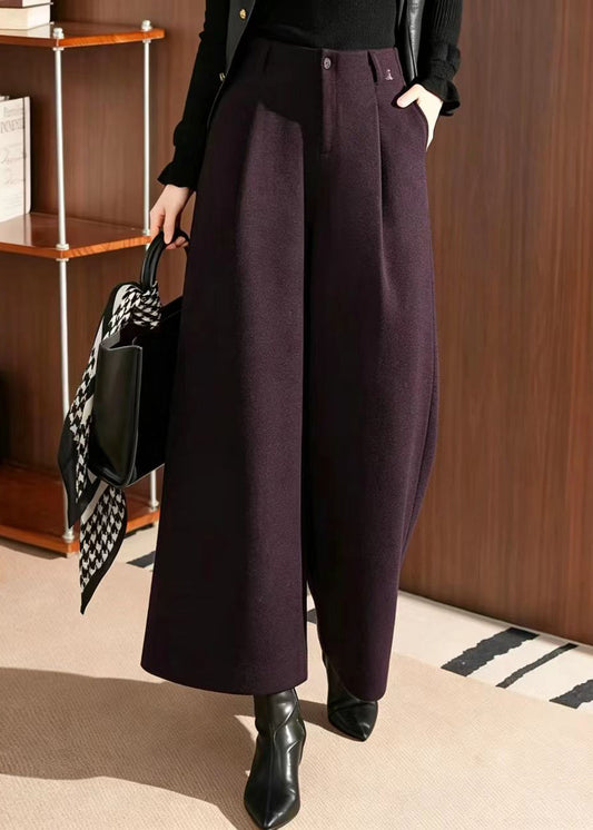 Women Dark Purple Pockets High Waist Woolen Wide Leg Crop Pants Fall