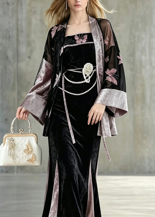 Women Embroidered Butterfly Velvet Three Piece Suit Set Fall