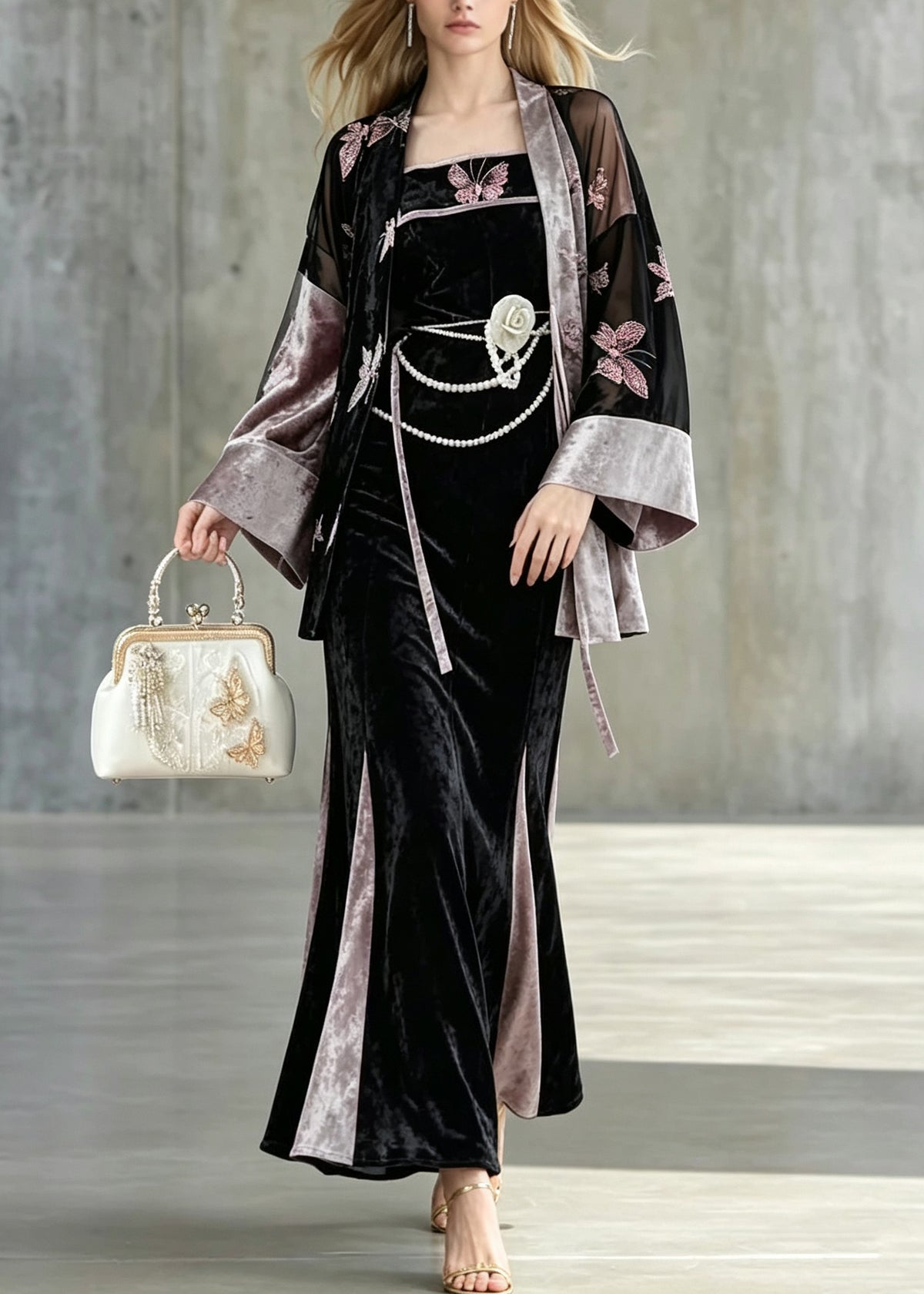 Women Embroidered Butterfly Velvet Three Piece Suit Set Fall