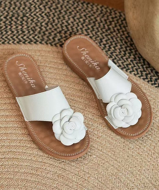 Women Floral Splicing Comfy Flip Flops Black Cowhide Leather