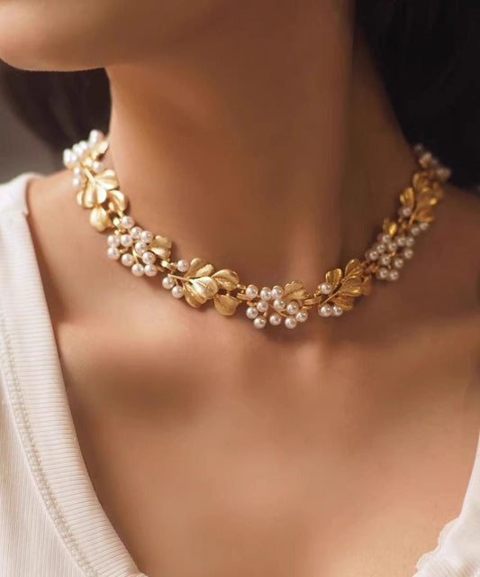 Women Ginkgo Leaf Copper With Hollow Out Pearl Collar Necklace And Stud Earrings Two Piece Set