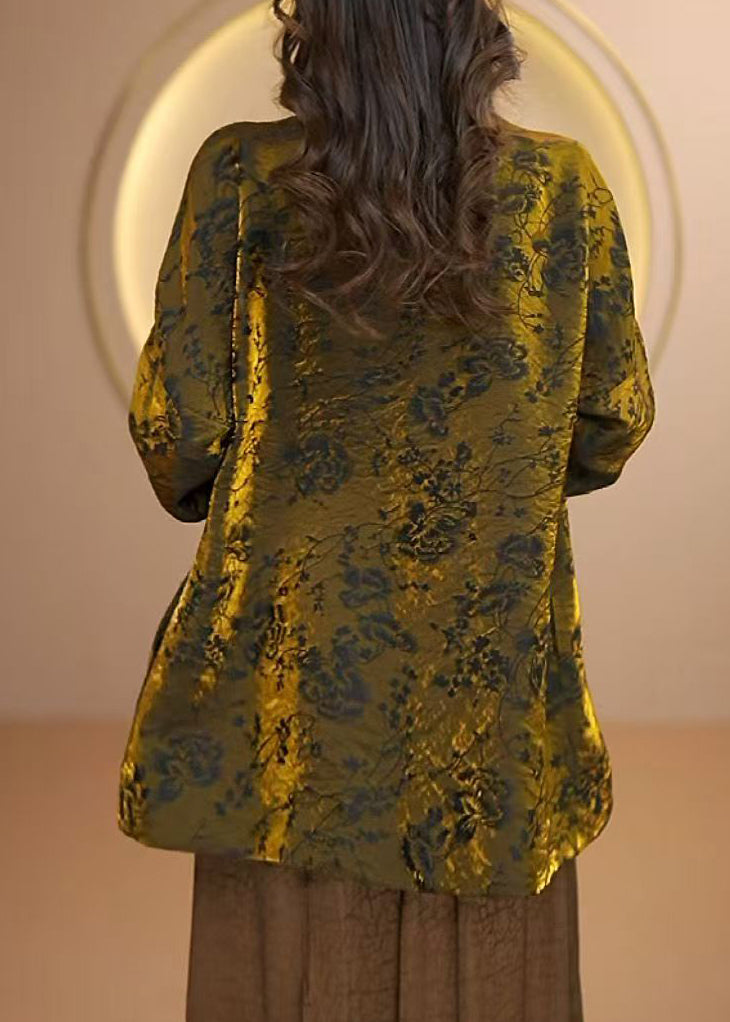 Women Gold V Neck Jacquard Silk Cardigan Fall