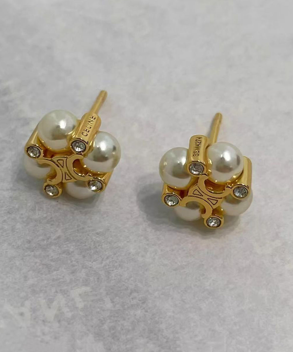 Women Gold Zircon Copper Pearl Floral Stud Earrings